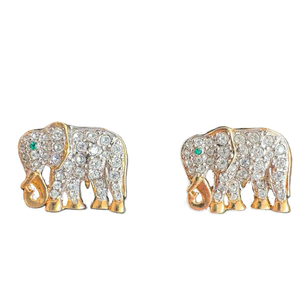 Vintage Pave Crystal & Emerald Gold-Tone Elephant Clip on Earrings